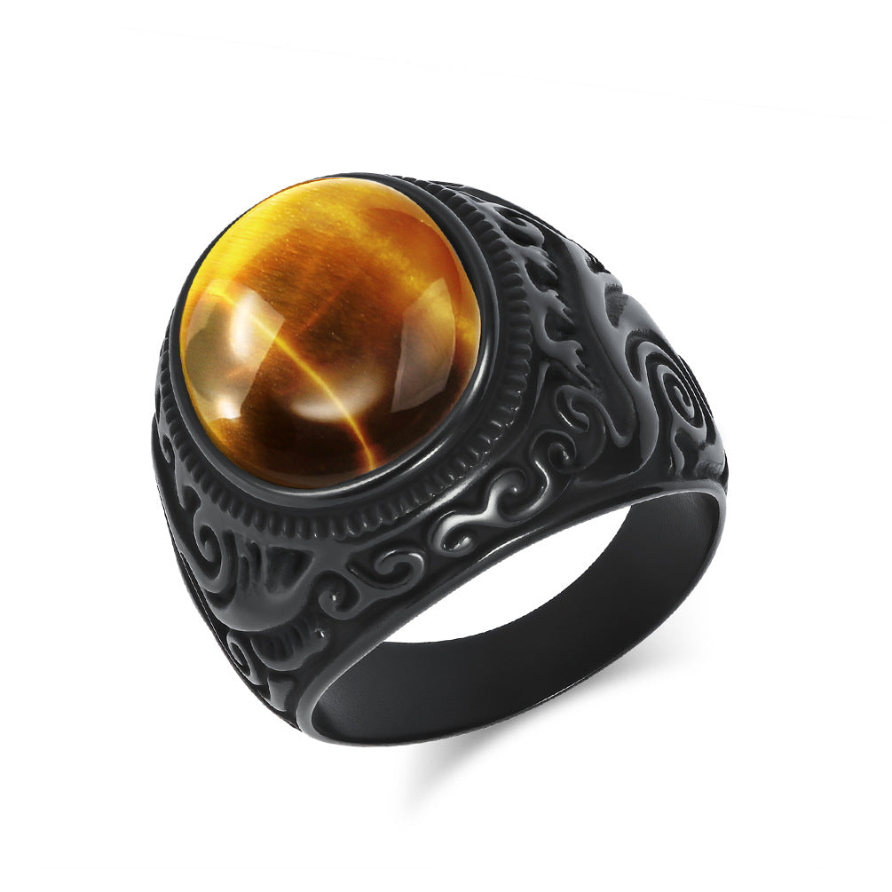 Wholesale Vintage carved flower inlaid tiger eye gemstone Stainless steel ring