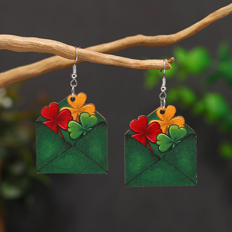 Wholesale Patrick's Day Four Leaf Clover Apple Water Drop Hollow Heart Wooden Earrings