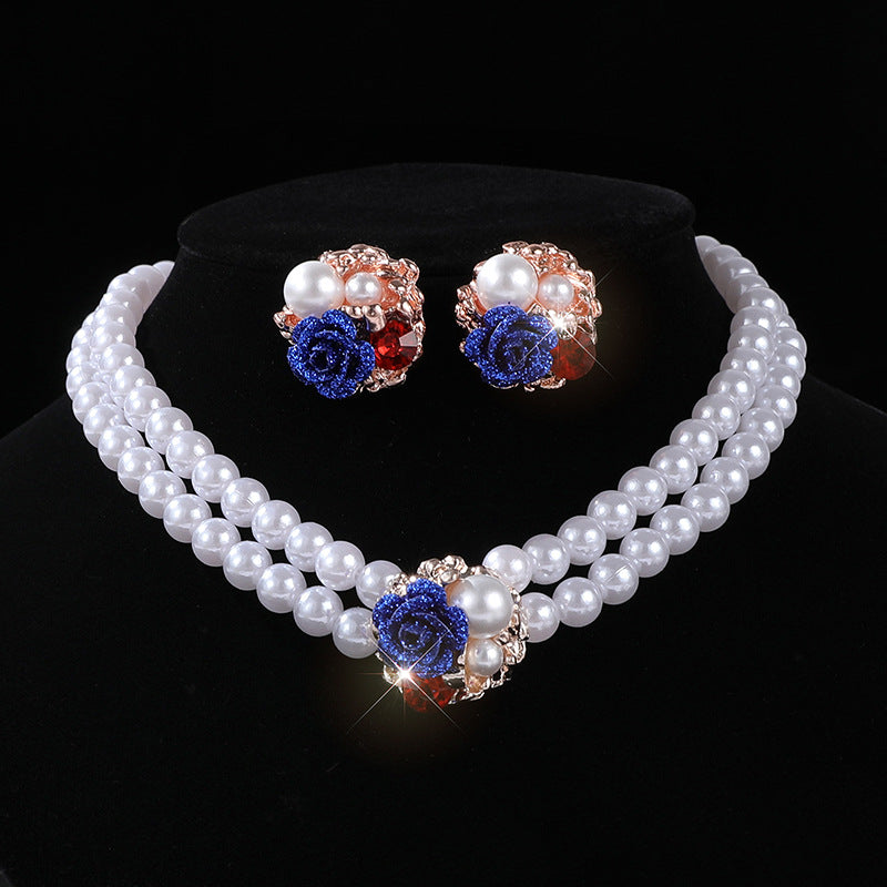 Wholesale Chic Faux Pearl Flower Choker Necklace And Earrings Set For Women Wedding Jewelry Lake Blue