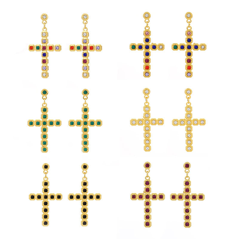 Wholesale Gute Alloy Inlaid Colored Diamond Cross Super Flash Ladies Earrings