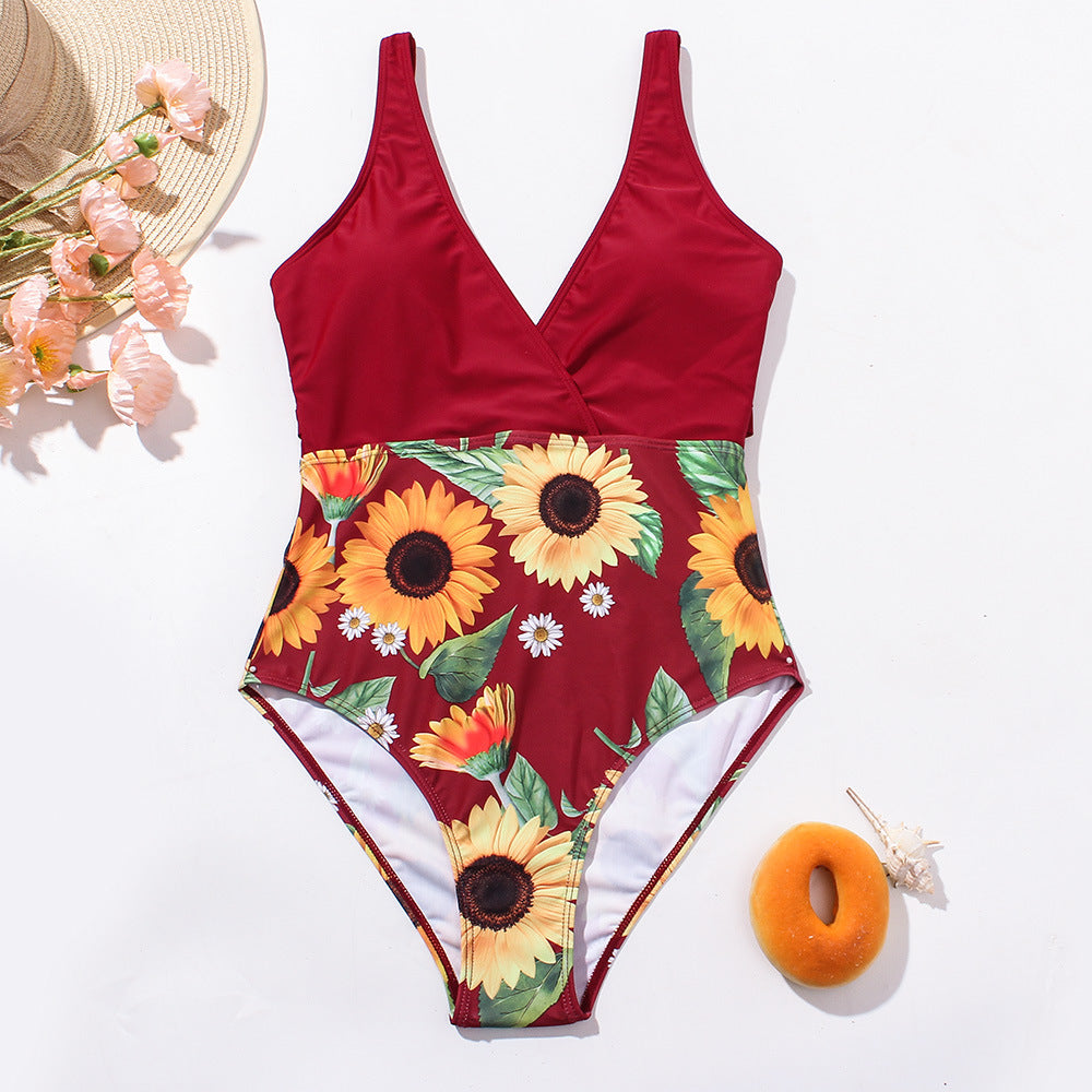 Wholesale gathered slimming bow sunflower printed polyester fiber Swimwear