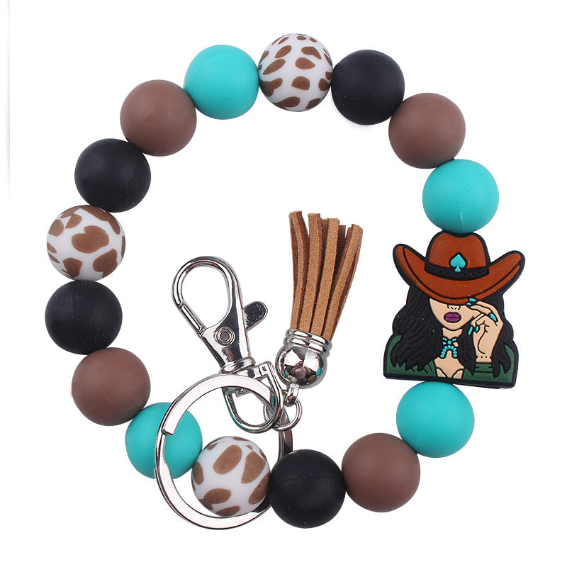 Wholesale Cartoon Western Style Cow Head Silicone Beaded Wrist Keychain
