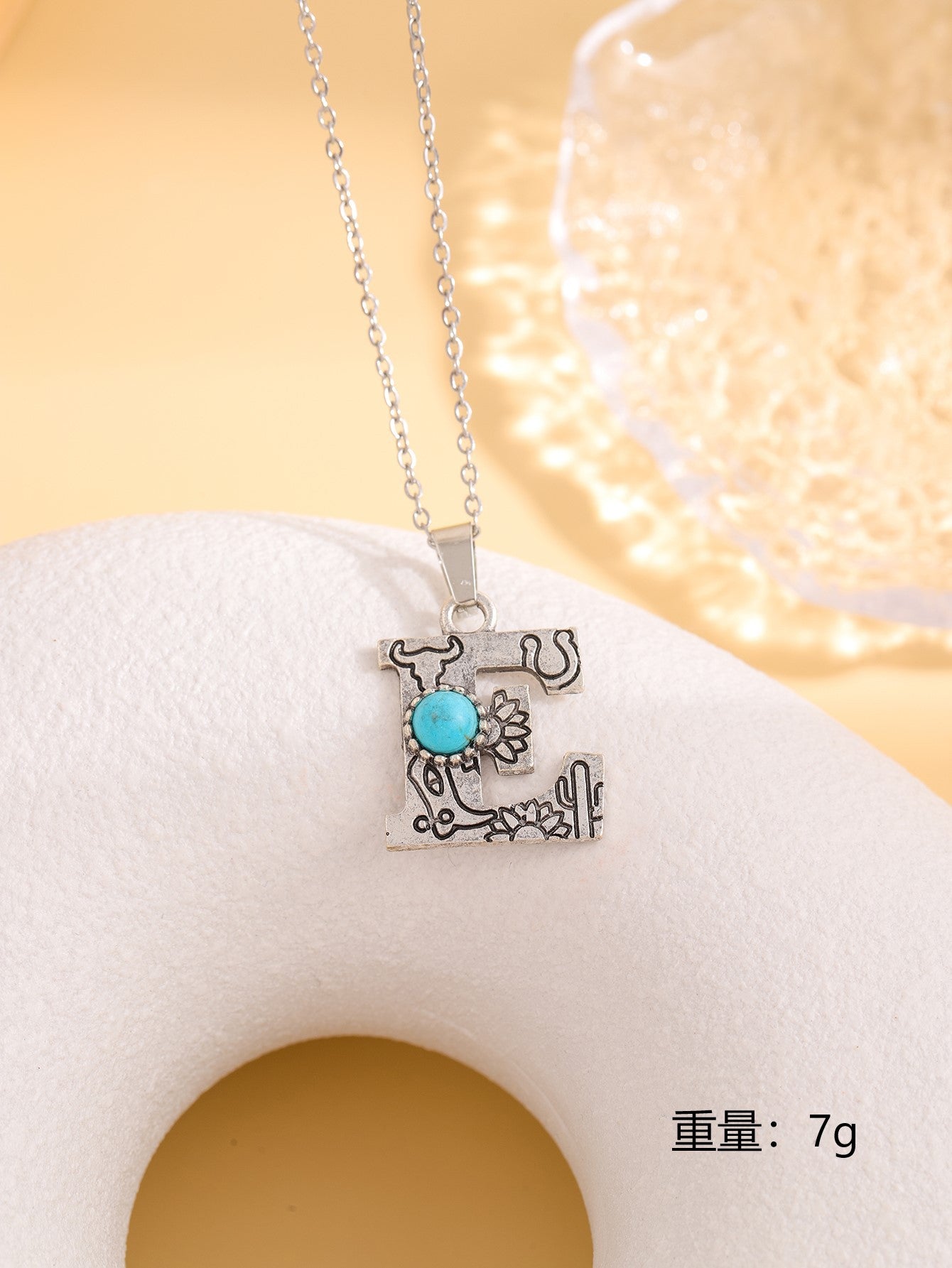 Wholesale Western stainless steel chain cactus turquoise letter necklace