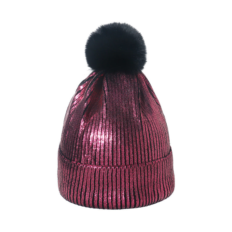 Wholesale Gold Stamping Wool Colorful Metal Hip-Hop Street Fur Ball Knitted Hat