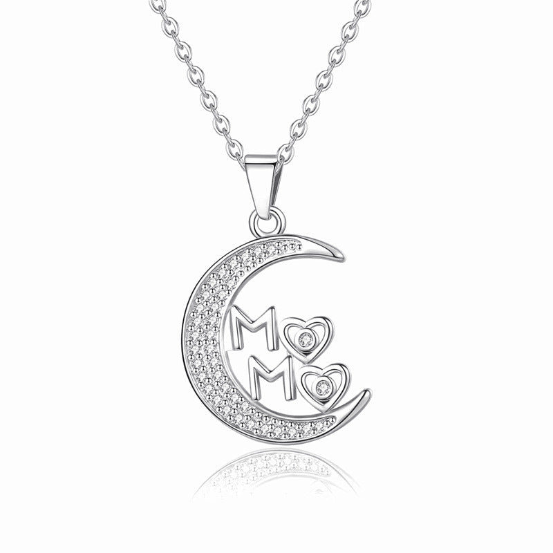 Wholesale S925 sterling silver diamond moon MAMA pendant necklace