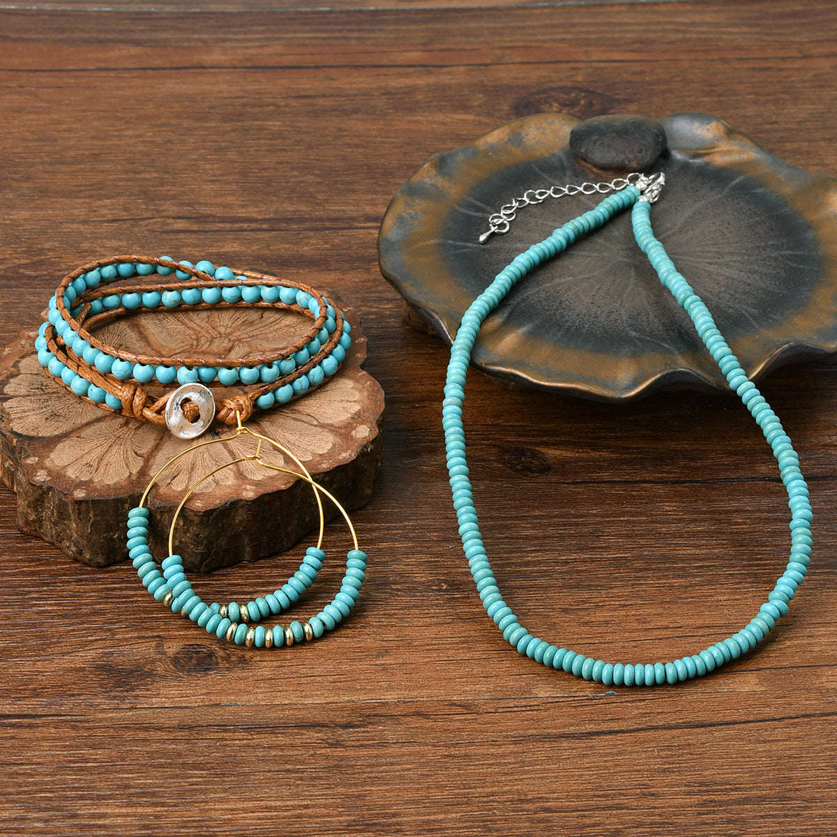 Wholesale Retro ethnic style turquoise beaded new Chinese necklace bracelet earrings set