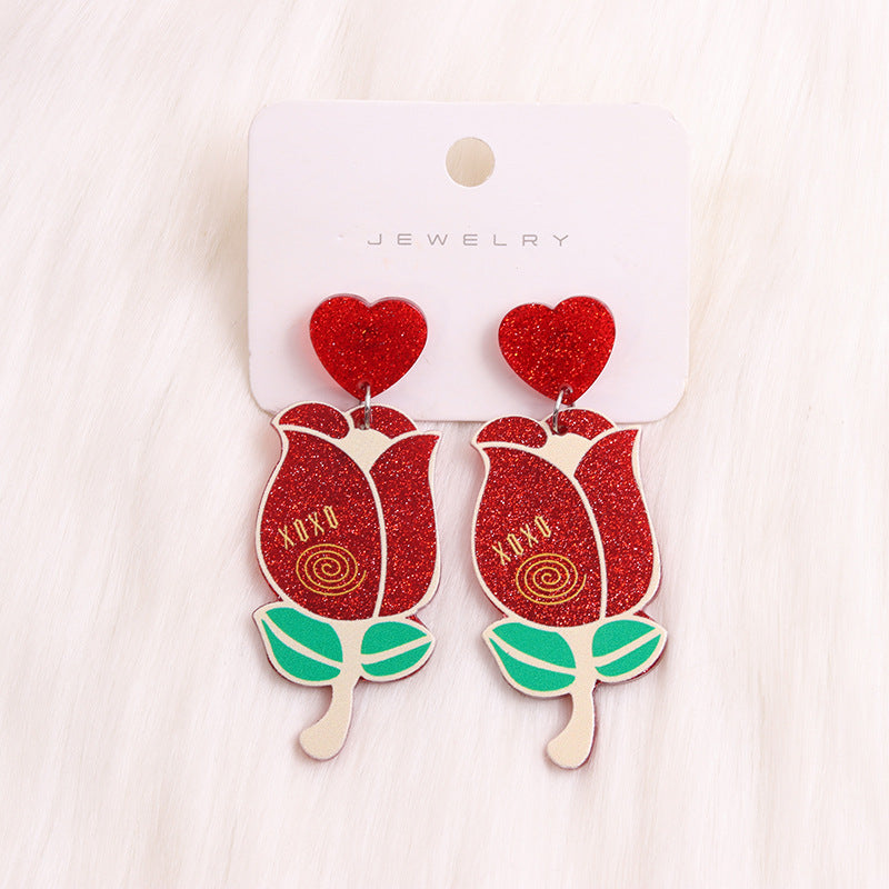Wholesale Valentine's Day Love Red Lip Rose Flower Acrylic Earrings