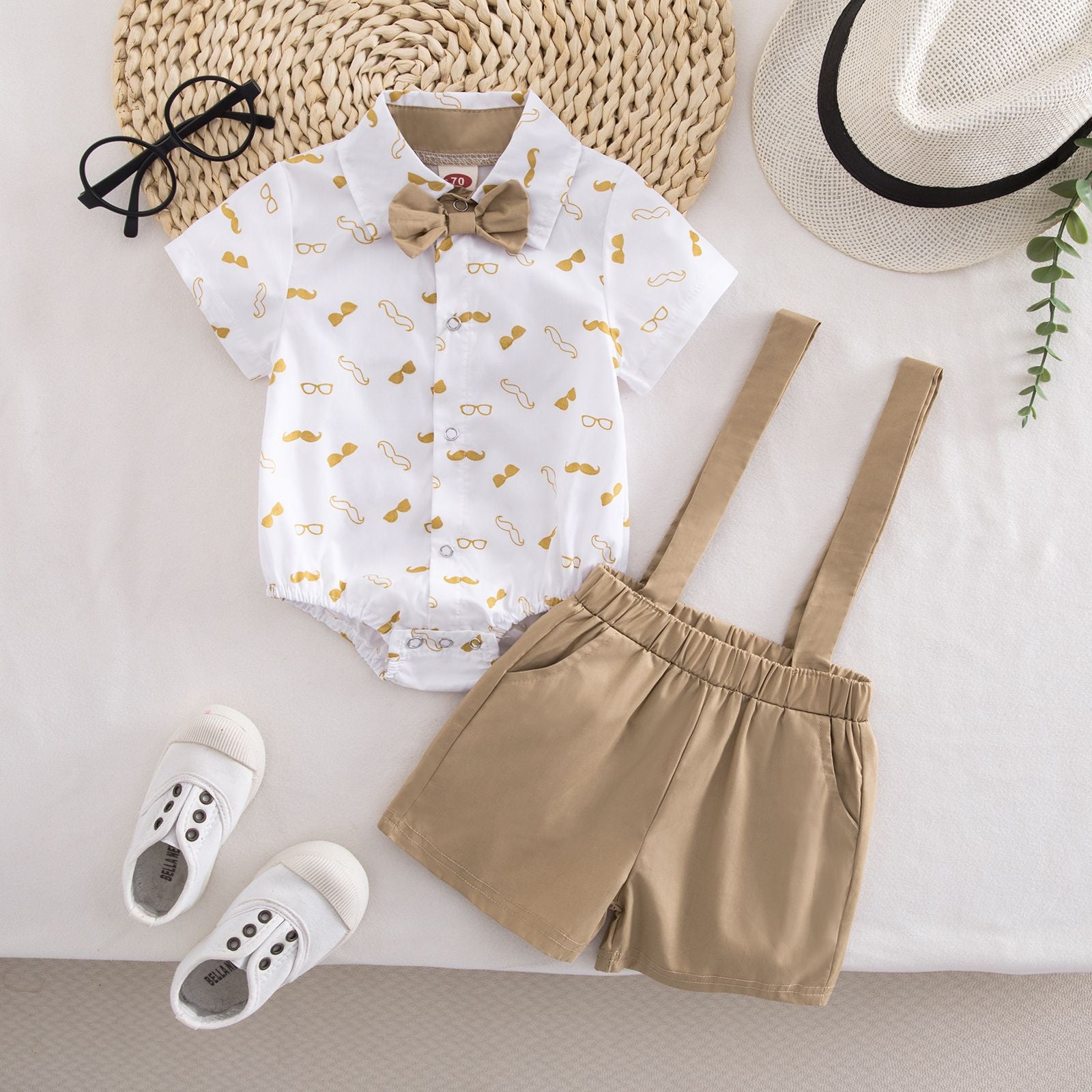 Wholesale Stylish Korean Style Baby Boy Summer Outfit Two Piece Set Printed Short Sleeve Top And Suspender Pants