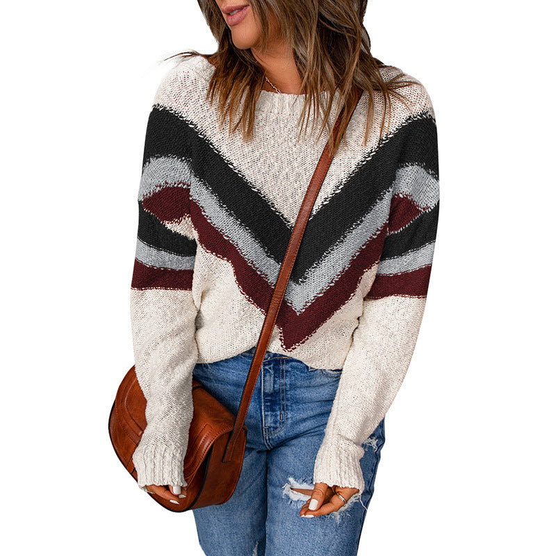 Wholesale Acrylic Striped Contrasting Loose Shoulder Top with Round Neck Knitted Sweater