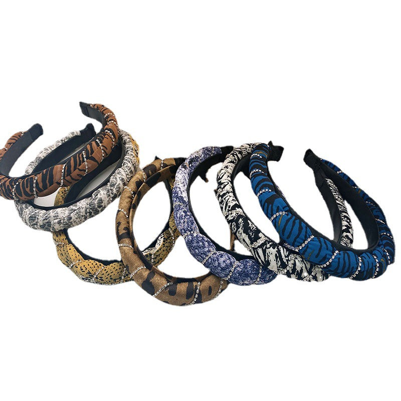 Wholesale Leopard Pattern Diamond Chain Circled Fabric Hair Hoops