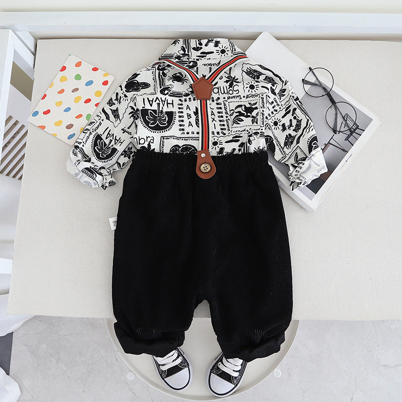 Wholesale Children's Cotton Casual Long Sleeved Shirt and Suspender Two-piece Set