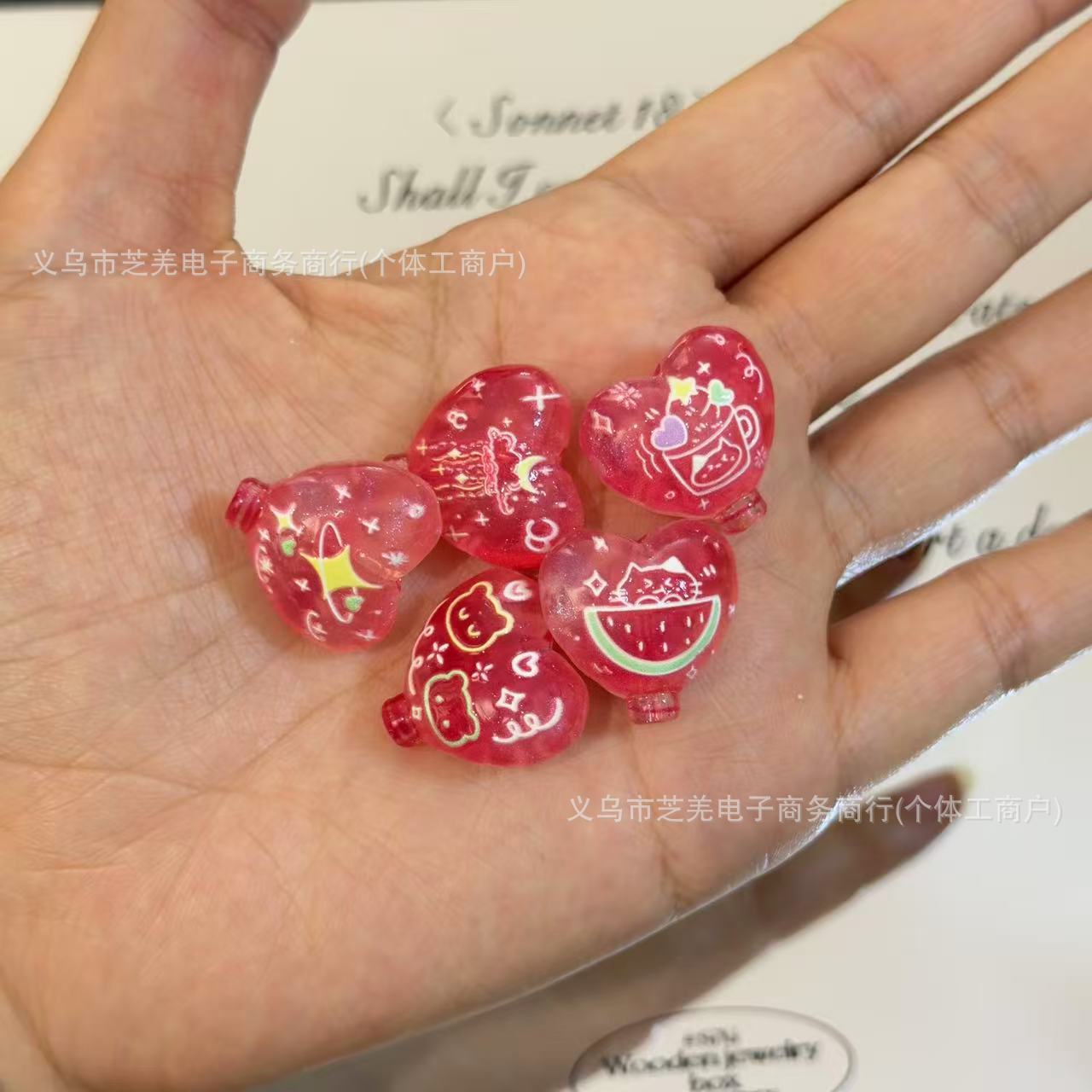 Wholesale 10pcs Embossed Watermelon Cat Heart Balloon Acrylic Beads