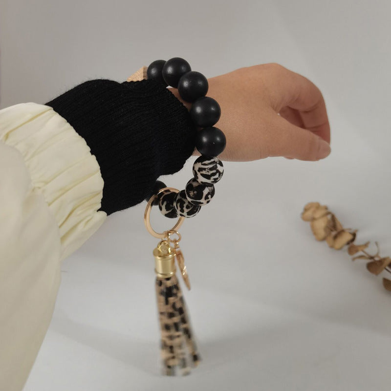 Wholesale Silicone Leather PU Short Tassel DIY Leopard Beaded Bracelet Keychains