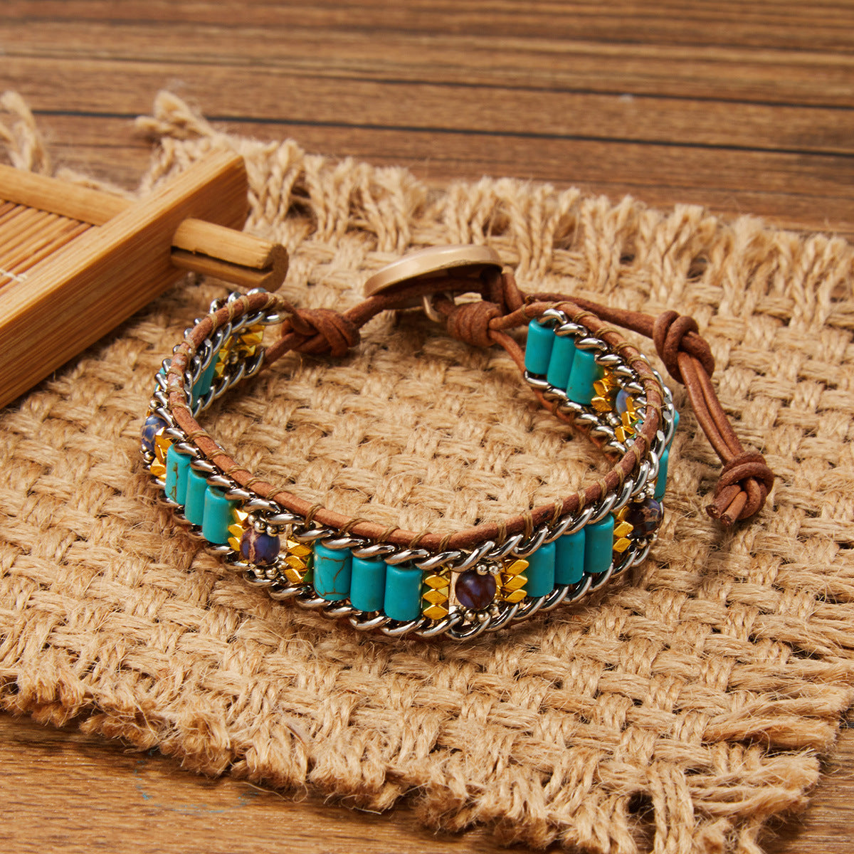 Wholesale Woven Single Leather Colored Imperial Stone Bracelet