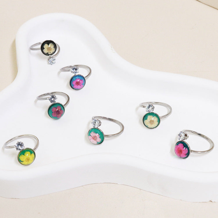 Wholesale 12pcs Zircon Everlasting Flower Stainless Steel Open Ring