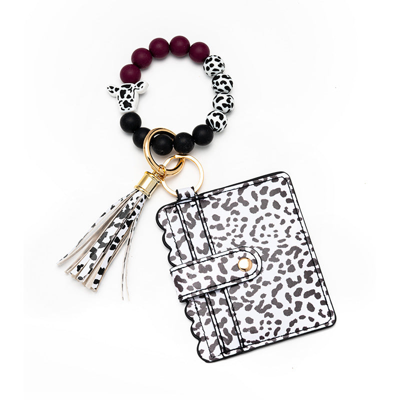 Wholesale Leopard Print Card Holder Silicone Beaded Wrist Keychain