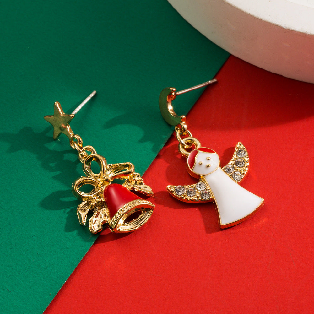 Wholesale Christmas S925 Silver Needle Personality Angel Bell Asymmetrical Oil Drop Earrings