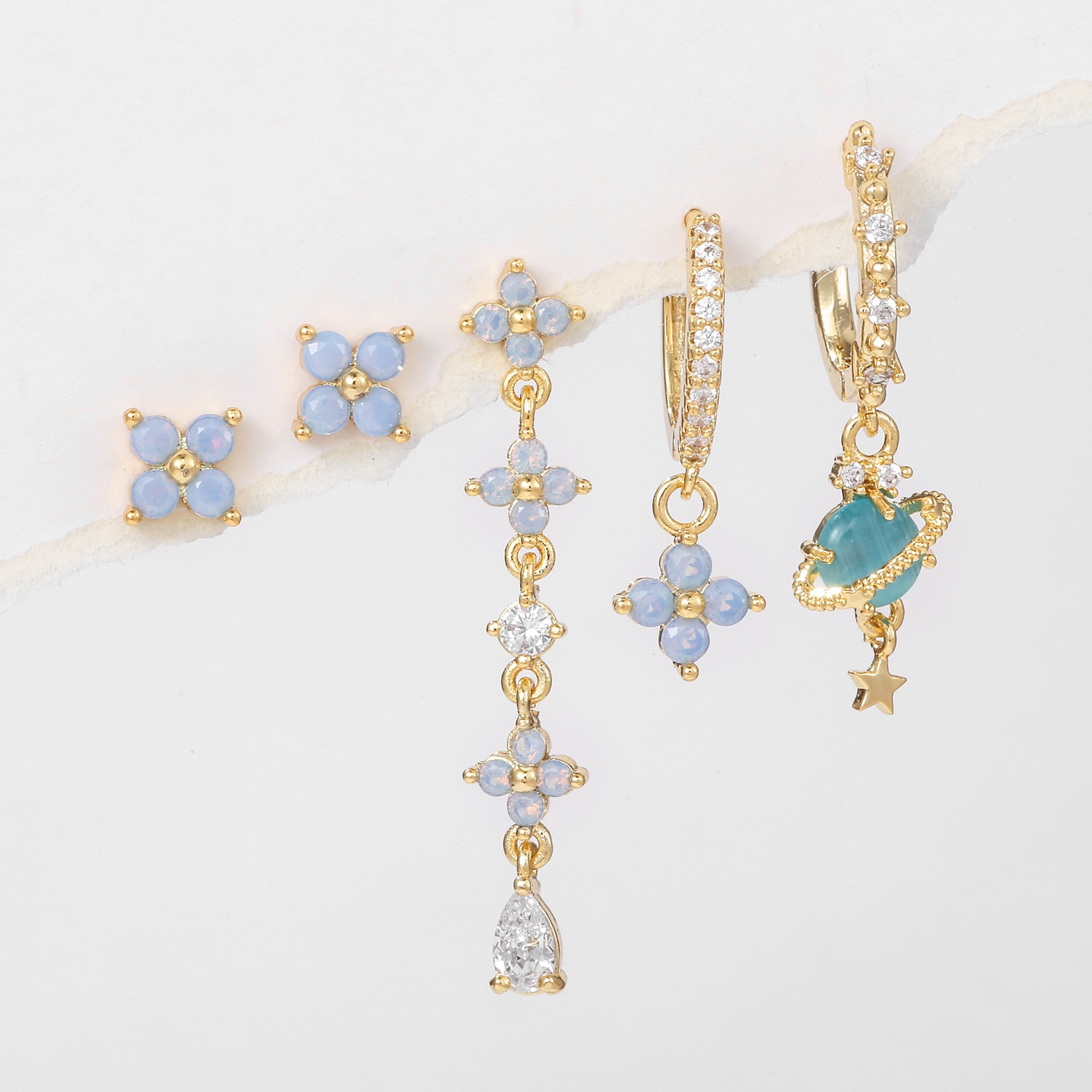 Wholesale Blue Opale Flowers Set of Five Earrings