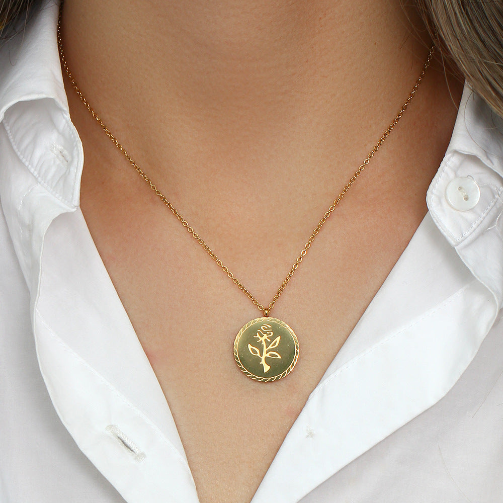 Wholesale Stainless Steel 18K Gold Plated Round Rose Flower Necklace