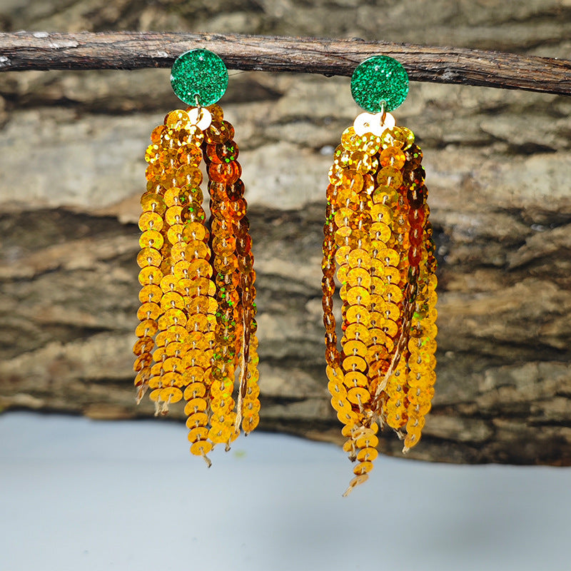 Wholesale Shiny Laser Green Sequin Round Tassel San Patrick Atmosphere Earrings
