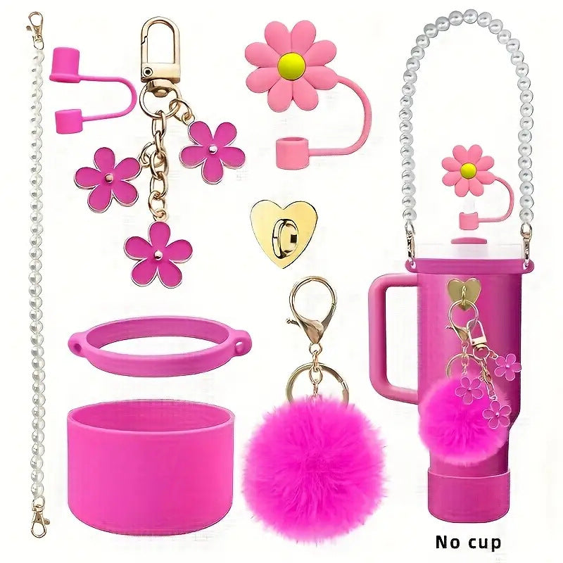 Wholesale Pearl Handle Rope Flower Cup Chain Fur Ball Silicone Straw Hat