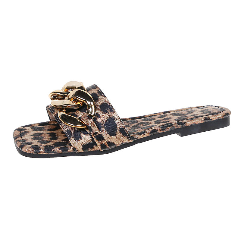 Wholesale Metal Chain Square Toe Flat Leopard Print Sandals