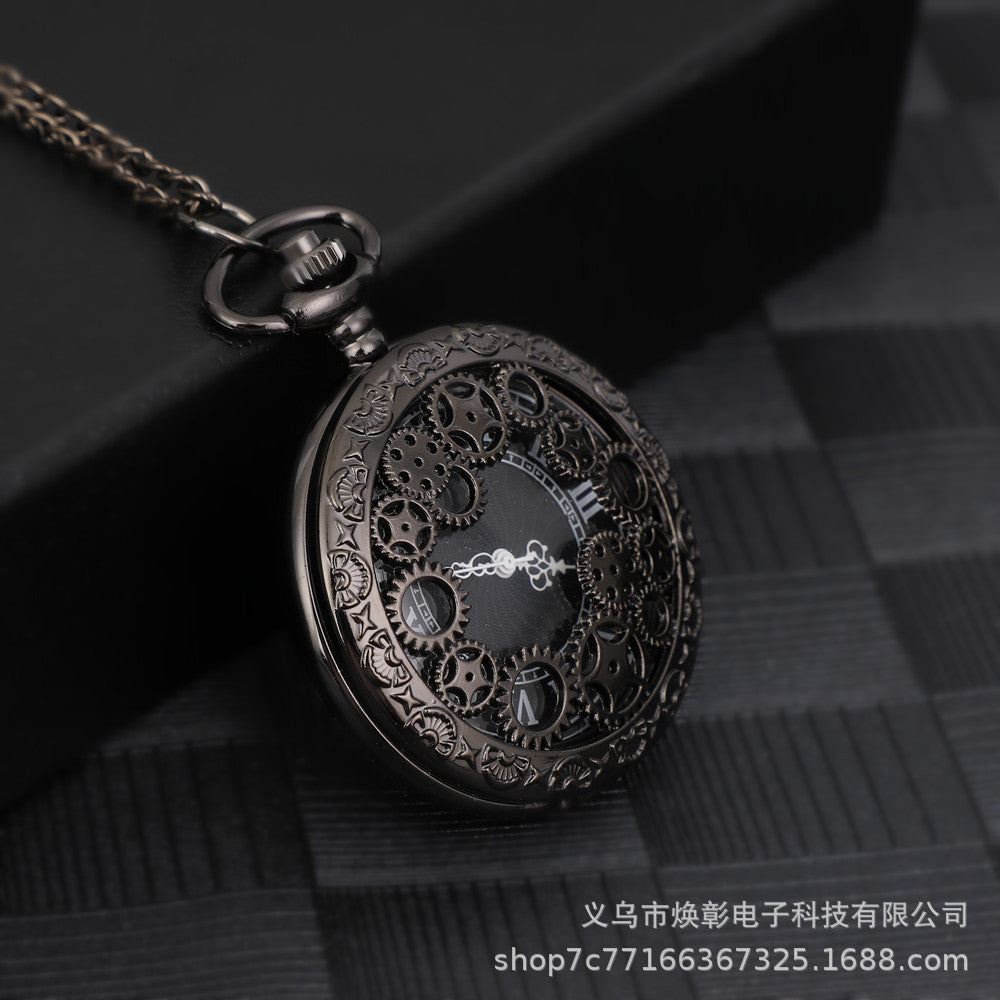 Wholesale Large black gear retro hollow flip quartz pocket watch