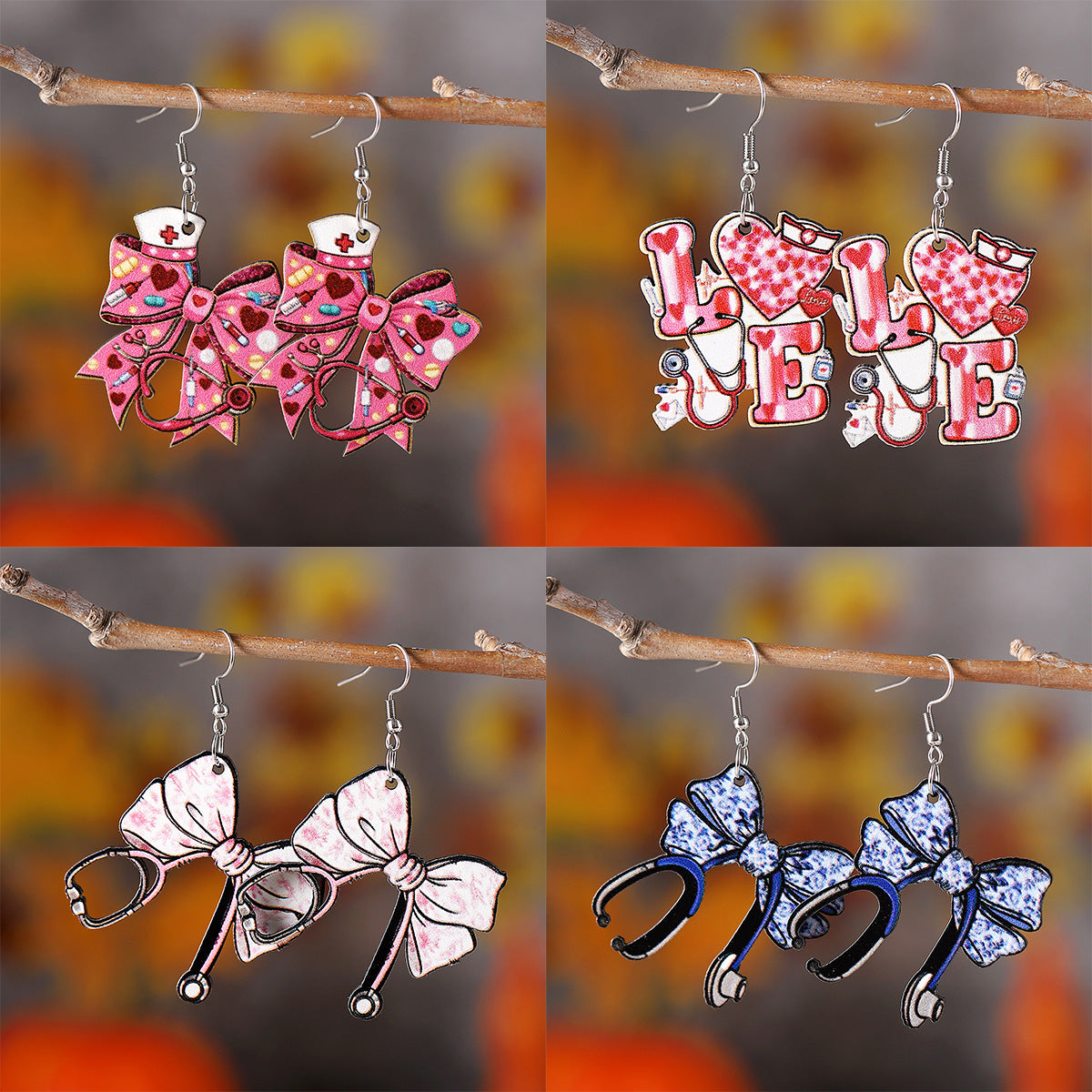 Wholesale Pink Love Nurse Hat Stethoscope Bow Pendant Wooden Earrings
