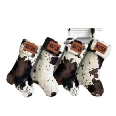 Wholesale A Custom Popular Christmas Stocking Black and White Cow Print Plush Knit Socks Holiday Decoration