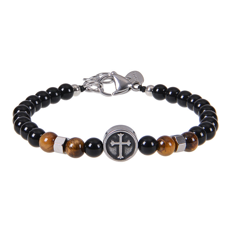 Wholesale Vintage Stainless Steel Cross Men's Natural Stone Beaded Bracelet