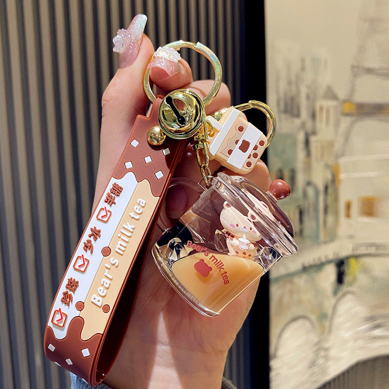 Wholesale bubble tea keychain floating small bear liquid quicksand pendant