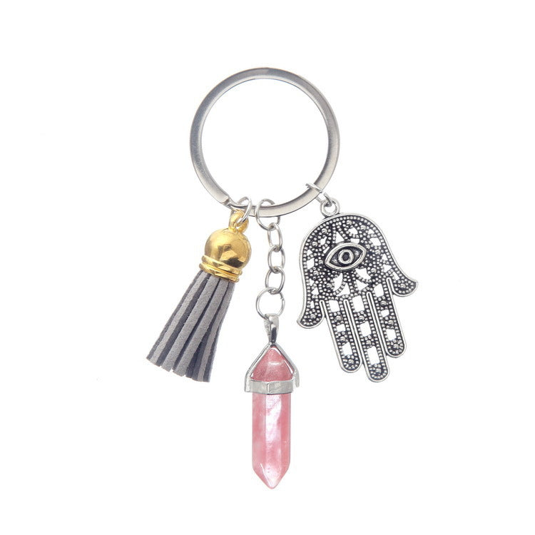 Wholesale Hand Palm Tassel Multicolor Crystal Hexagon Pillar Accessories Alloy Keychains