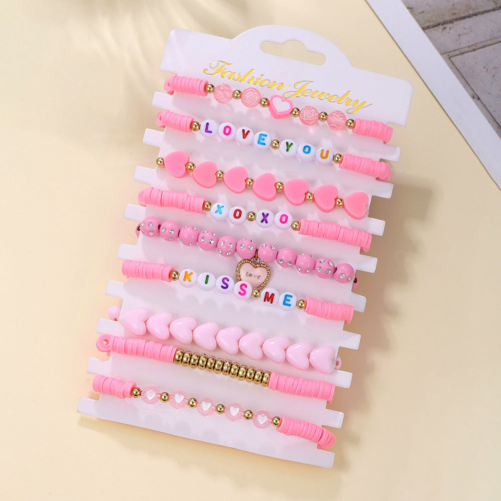 Wholesale Valentine's Day Polymer Clay Pink Series Love Heart Bracelet Set