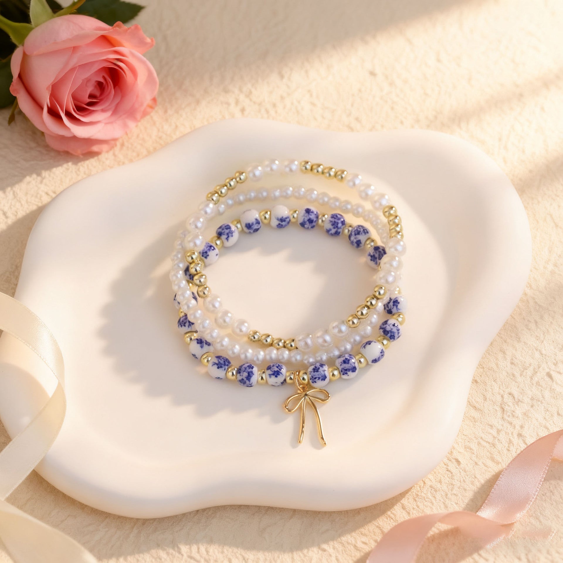 Wholesale Bohemian Blue and White Porcelain Bow Layered Bracelet Set