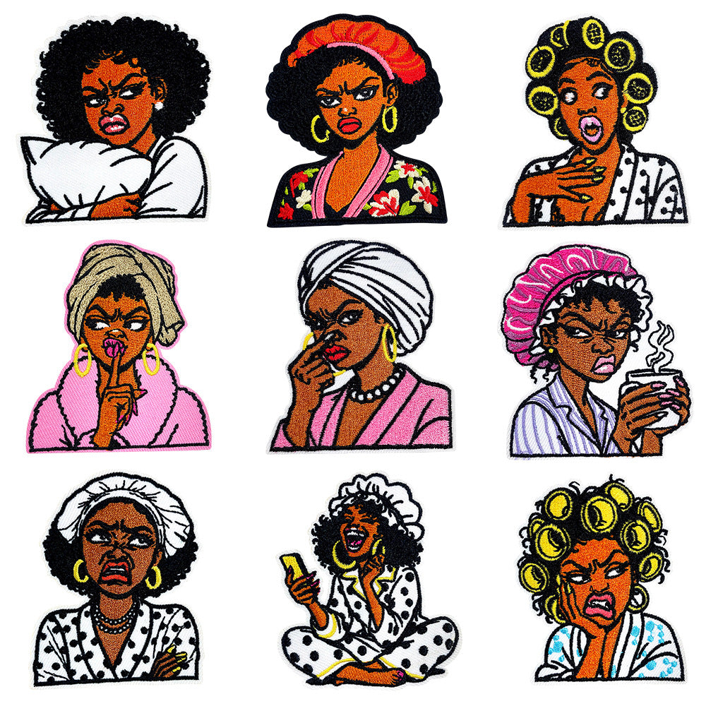 Wholesale Funny Black Girl Pajama Embroidered Patch Sequin Iron On Adhesive Back For Coat Decoration