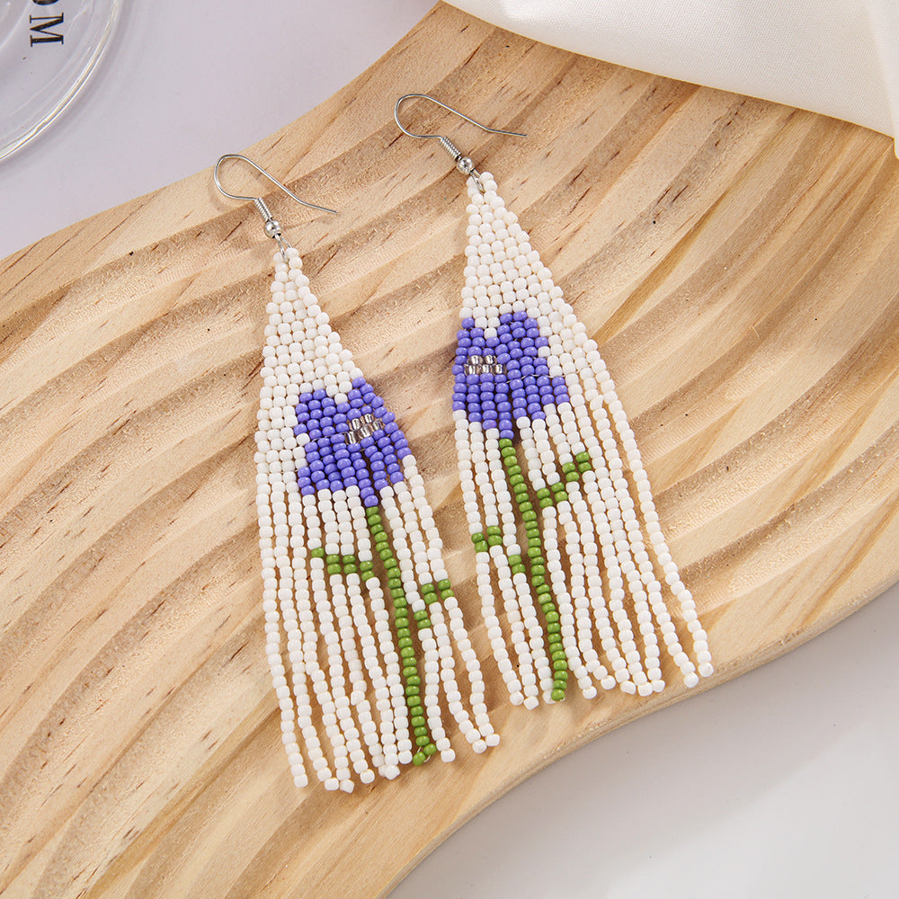 Wholesale Boho Flower Rice Beads Tassel Hand Braided Earrings