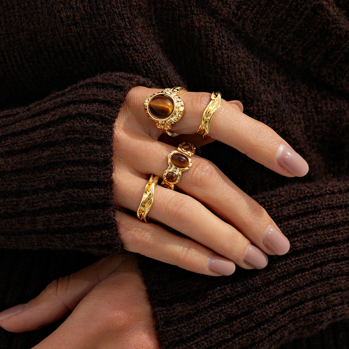 Wholesale Micro-painted Tiger' s Eye Lava Open Ring Set