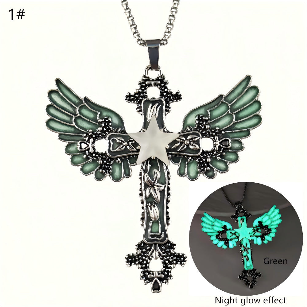 Wholesale Luminous pentagram cross wing necklace