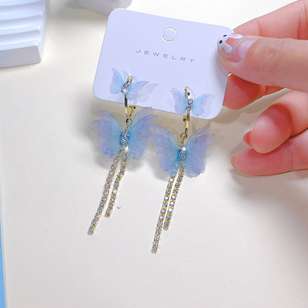 Wholesale Colored Organza Tassels Butterfly Micro-paved Rhinestone Long Earrings