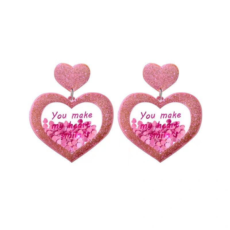 Wholesale Pink Valentine's Day Love Acrylic sequins Flowing Sand Peach Heart Sweetheart Spicy Girl Earrings