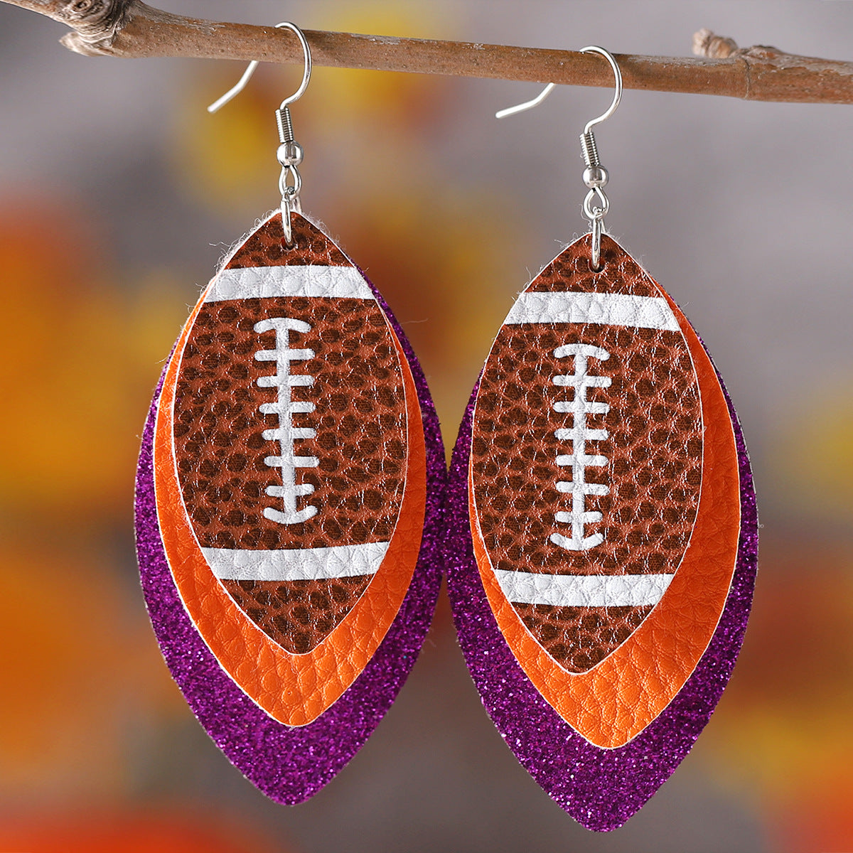 Wholesale Rugby Sequins Three-layer Leather Water Drop Pendant Earrings Sports Ear Jewelry