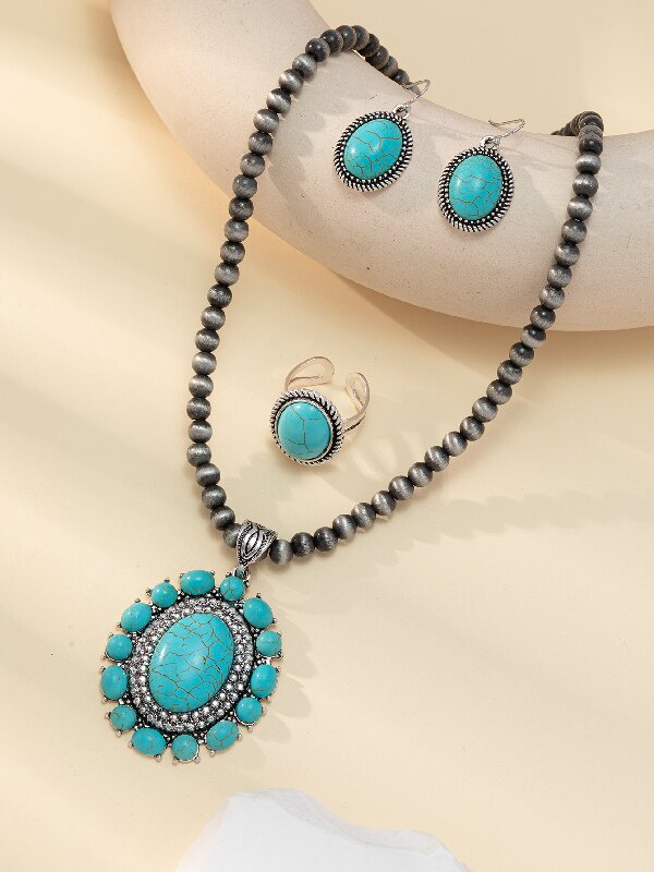 Wholesale Bohemian New Retro Round Flower Turquoise Pendant