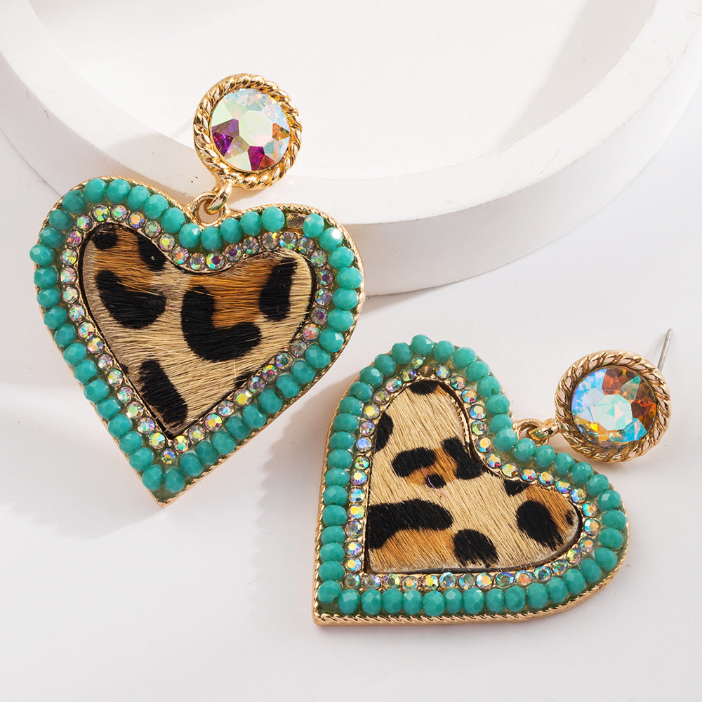 Wholesale Vintage Leopard Leather Diamond Heart Earrings