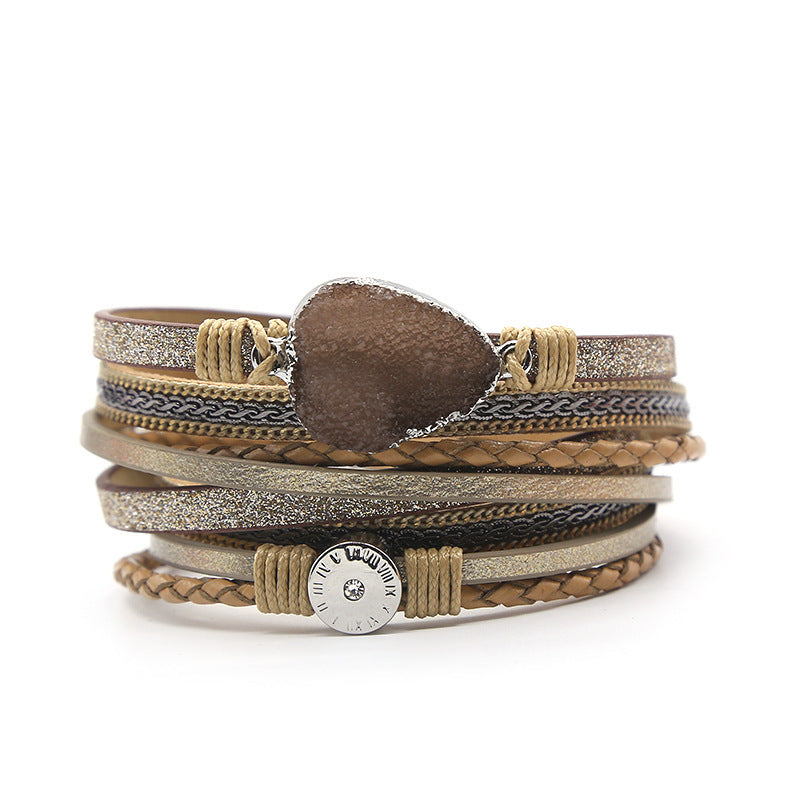 Wholesale Vintage Bohemian Crystal Feather Braided Leather Bracelet