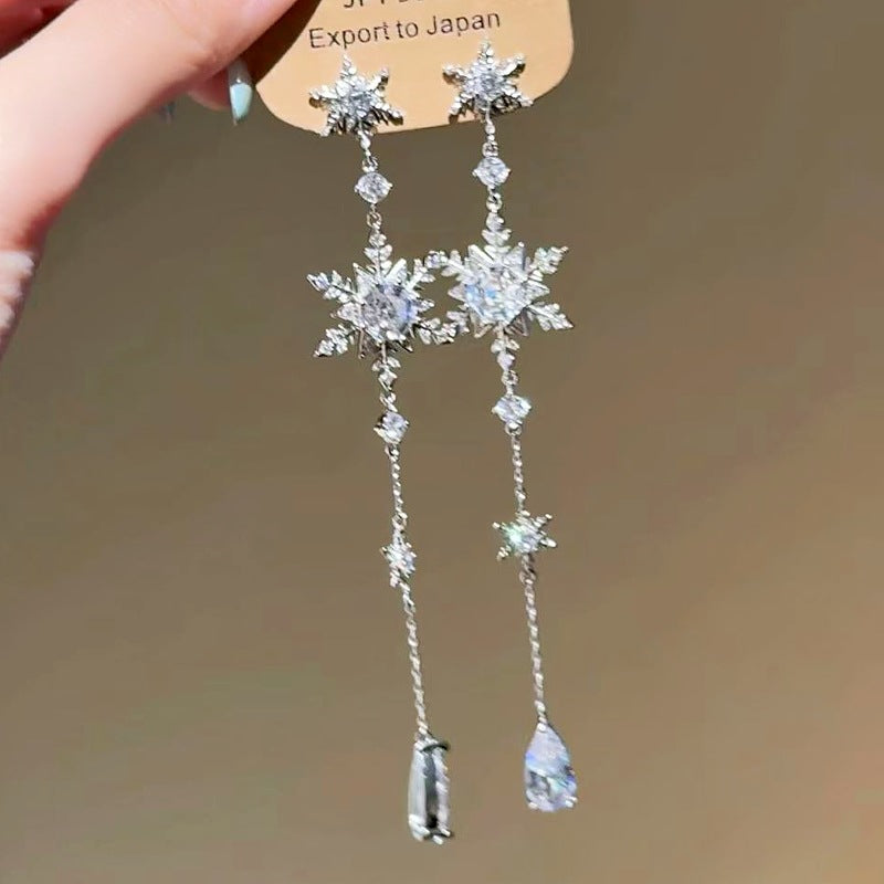 Wholesale Sparkling Zircon Long Snowflake tassel Earrings