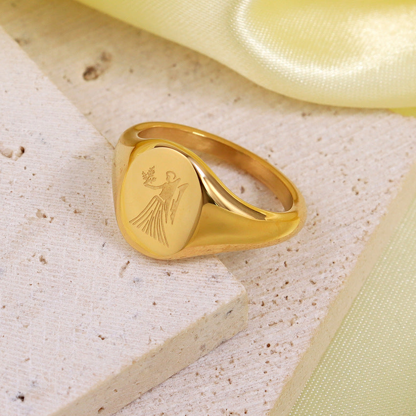 Wholesale Engraved Pattern Stainless Steel Electroplated 18K Gold Engraved Constellation Pattern Ring