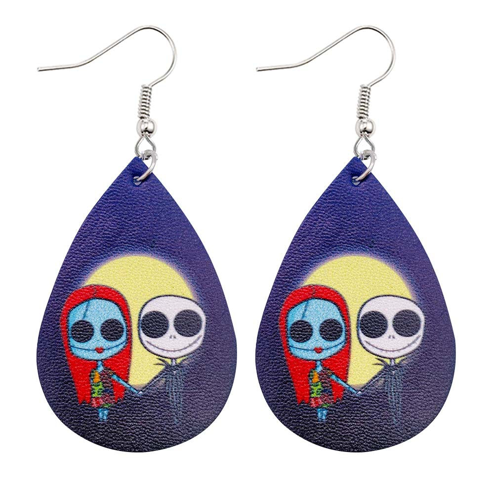 Wholesale Horror Christmas Skull Print Water Droplet Shaped PU Leather Earrings