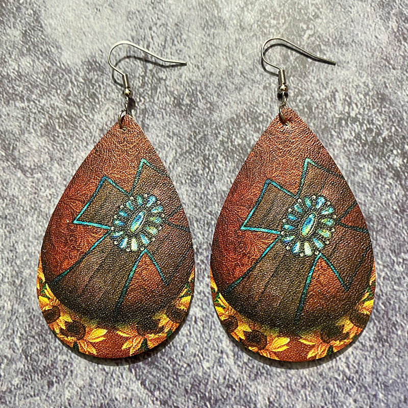 Wholesale Western Vintage Bohemian Water Drop Leather Earrings