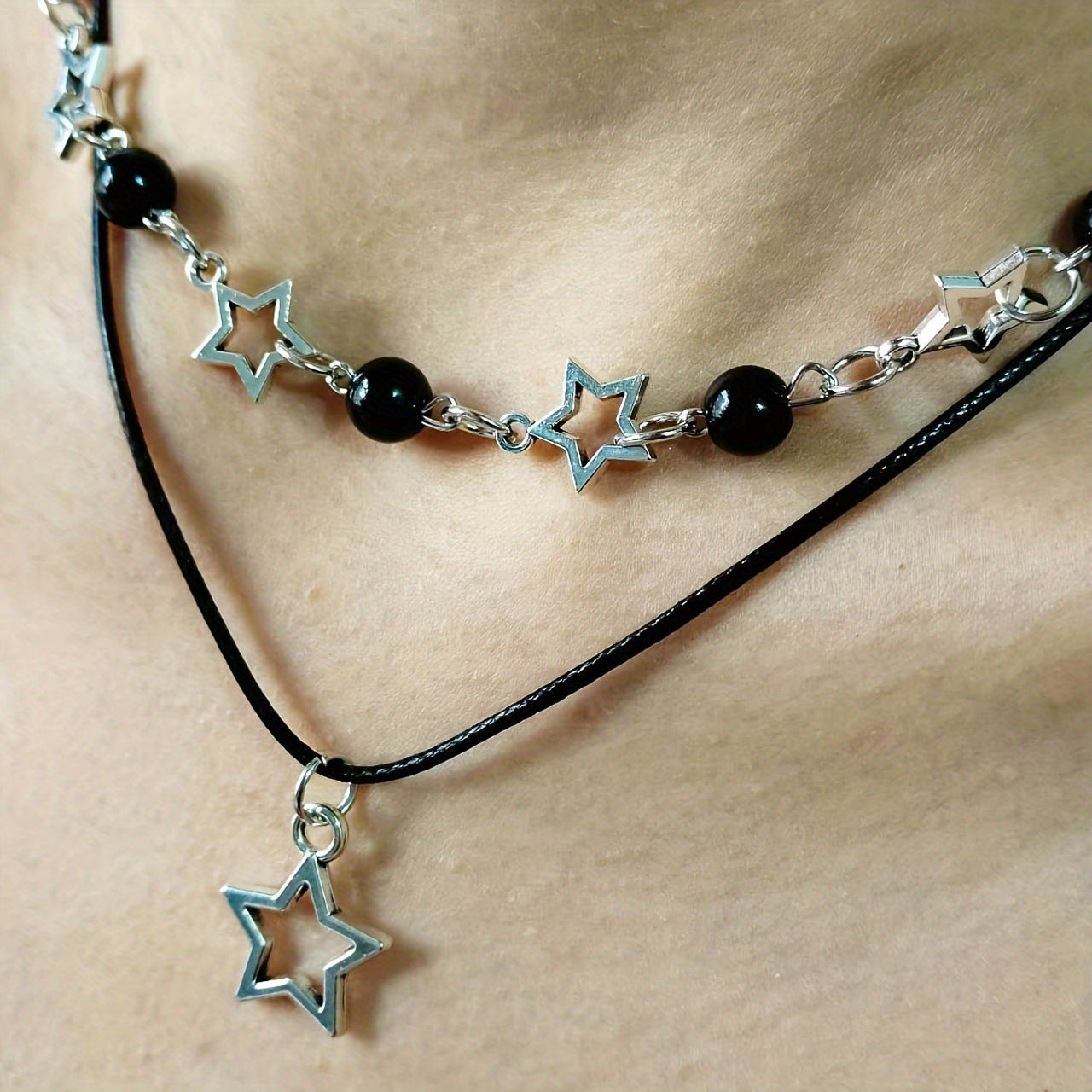 Wholesale Bohemian punk black round bead five-pointed star necklace