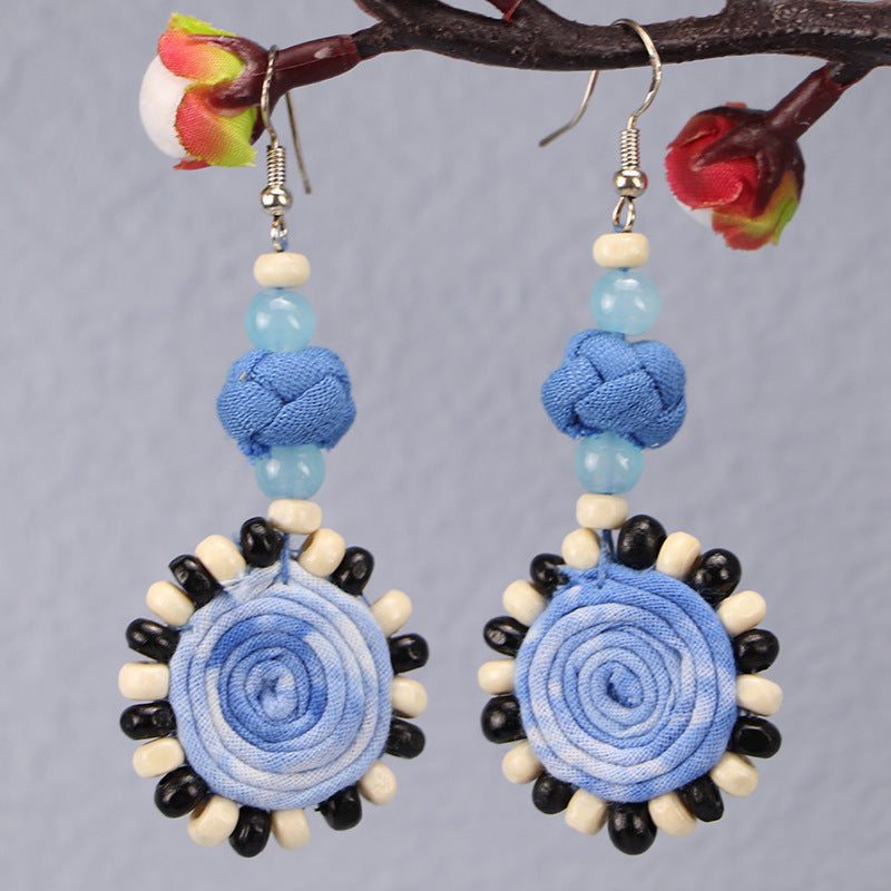 Wholesale Tie-dye blue dye earrings earrings ethnic style buckle flower blue earrings tie-dye earrings